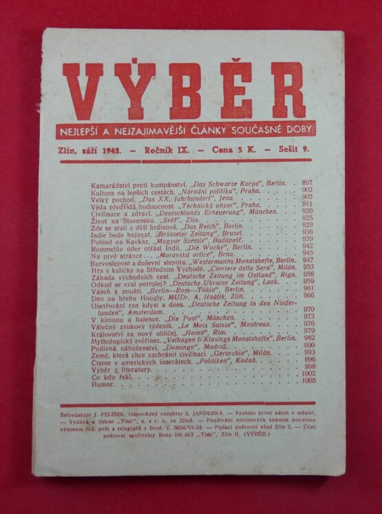 Výběr - nejlepší a nejzajímavější články současné doby, září 1942, ročník IX., sešit 9.